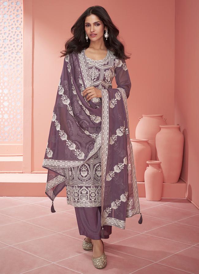 Organza Silk Purple Wedding Wear Embroidery Work Salwaar Suit
